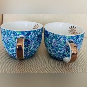 Lilly Pulitzer Floral Blue and Green Mugs with Gold Handles.